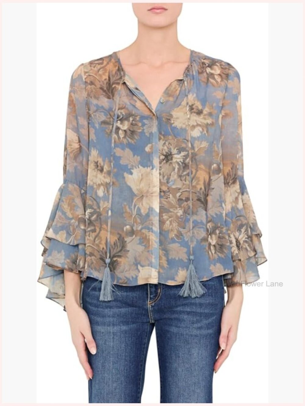 Floral V-Neck Long Sleeve Blouse - Size M, Regular Fit, Dry Clean Only
